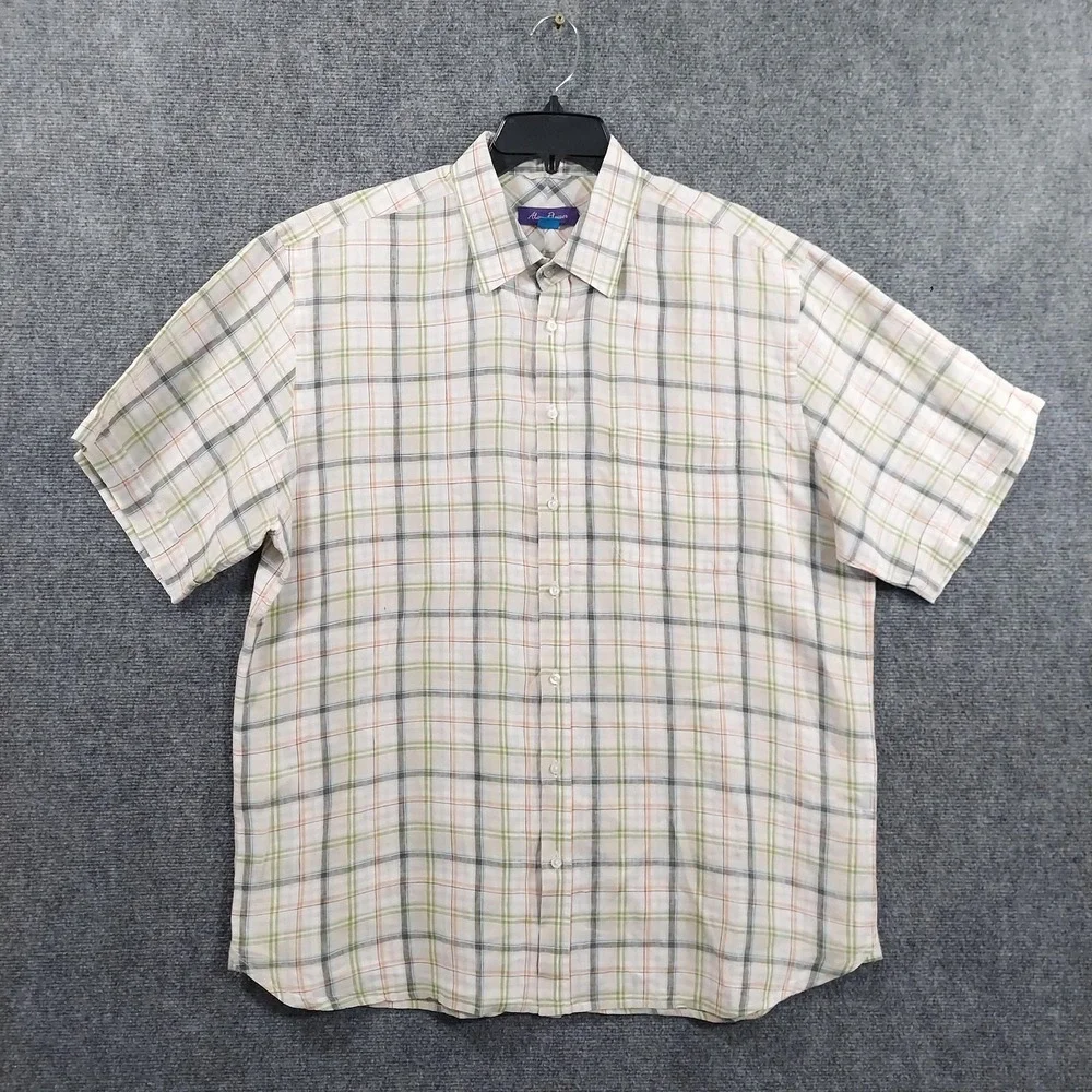 Alan‎ Flusser Shirt Mens XL Multicolor Plaid Short Sleeve Linen Button Up Casual